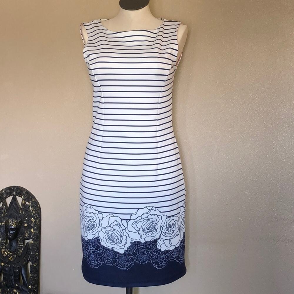 Isle Scandi Preppy Artsy Coquette Blue White Floral Sleeveless Dress